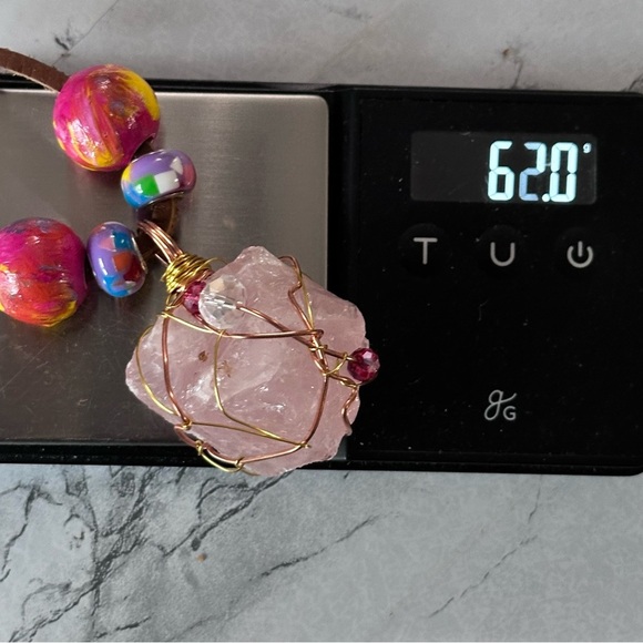 Pink Quartz Crystal Wire Wrapped Stone Pendant Necklace Handmade Leather Cord - Picture 12 of 12